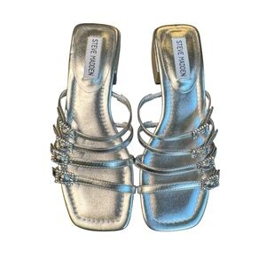 Steve Madden Silver Rhinestone Buckle Sandals Block Heel Event Size 7